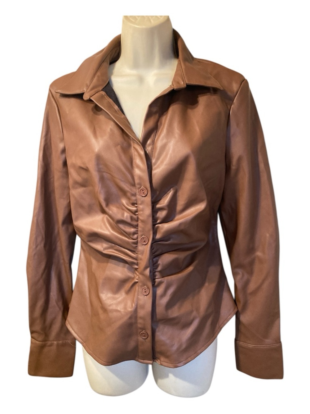 RD Style Brown Faux-Leather Ruched Button-Down Shirt - Picture 2 of 2